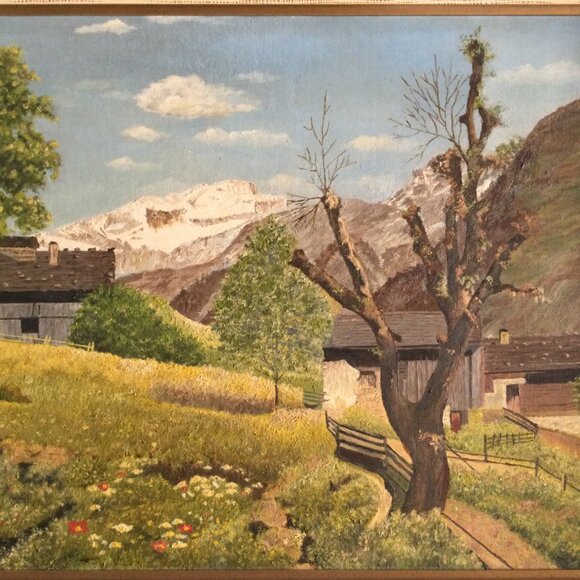 Vintage oil Painting on board old village mountain landscape wall hanging framed - Picture 3 of 12